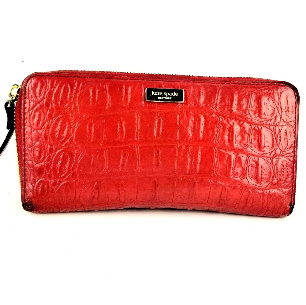 Kate Spade New York Red Croc. Leather Zip Wallet